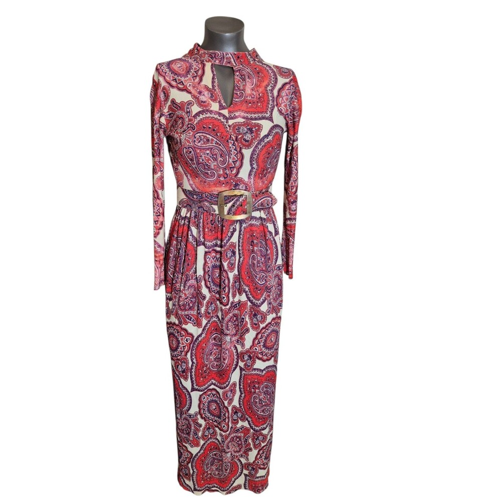 Vintage 70s Boho Paisley Printed Maxi Dress Belted Long Sleeve Long Dress Sz XS